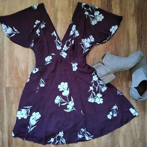 Lulu's Burgundy Floral Flutter sleeve Mini Dress
